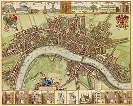 A map depicting a wide river, streets with their names and plenty of individual lots and buildings. Above and below the map itself are 19 drawings of buildings and statues.