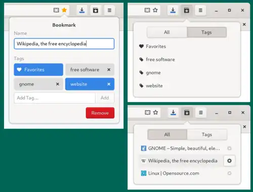 A user bookmarks Wikipedia in their GNOME web browser.