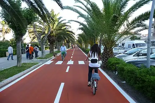 A bike path in Italy. Note the separate walkway on the left, as well as the zebra crossing where pedestrians may cross.