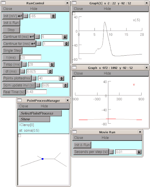 A screenshot of the Graphical User Interface of NEURON. Source: Neuron tutorial - https://www.neuron.yale.edu/neuron/static/docs/cbtut/stylized/usemodel.html