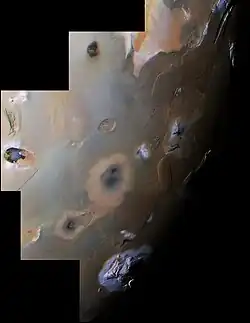 Io contains a number of large Volcanos.