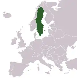 Sweden colored in on grey map of Europe.