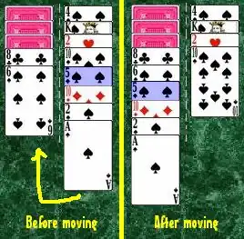 The legal move in Scorpion: any face up card is available for play (as indicated by the darkened card) and is moved along with the cards on top of it.