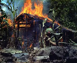 A Viet Cong base is burned, 1968.