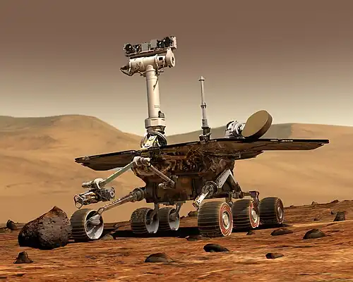 An artist depiction of one of the martian rovers, which landed on Mars in 2004.