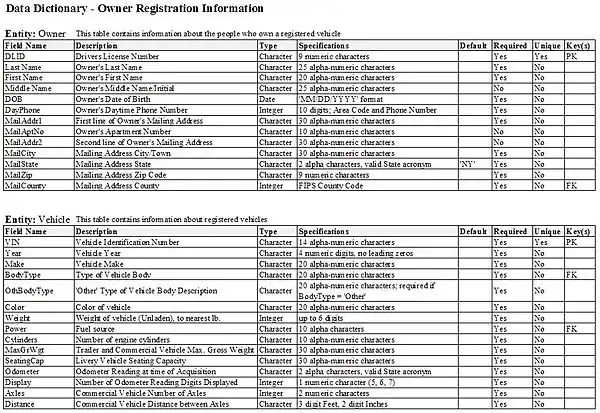 Partial data dictionary - vehicle Owner and Vehicle