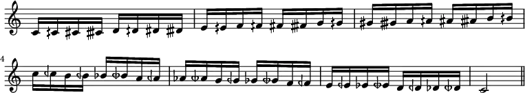 \fixed c' {
\time 2/4 \omit Staff.TimeSignature
c16 cqs cs ctqs d dqs ds dtqs e eqs f fqs fs
ftqs g gqs gs gtqs a aqs as atqs b bqs
c' cqf' b bqf bf btqf a aqf af atqf g gqf gf
gtqf f fqf e eqf ef etqf d dqf df dtqf c2 \bar "||"
}