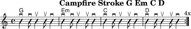 \version "2.20.0"
\header {
title="Campfire Stroke G Em C D"
encoder="mjchael"
}
myChords = \new ChordNames { \chordmode {
g1 e:m c d
}}
Lager_G = {
<g, b d>4 \downbow %1
<g b g'>8 \downbow %2
<g b g'>4 \upbow %+
<g b g'>8 \upbow %+
<g b g'>4 \downbow %4
}
Lager_Em = {
<e, b e>4 \downbow %1
<g b e'>8 \downbow %2
<g b e'>4 \upbow %+
<g b e'>8 \upbow %+
<g b e'>4 \downbow %4
}
Lager_C = {
<e, c e>4 \downbow
<g c' e'>8 \downbow
<g c' e'>4 \upbow
<g c' e'>8 \upbow
<g c' e'>4 \downbow
}
Lager_D = {
<a, d a>4 \downbow
<a d' fis'>8 \downbow
<a d' fis'>4 \upbow
<a d' fis'>8 \upbow
<a d' fis'>4 \downbow
}
myRhythm = { \repeat volta 4 {
\Lager_G \Lager_Em \Lager_C \Lager_D
\mark "4x"
}}
\score { << %layout
% Chords
\myChords
% Slash Notation
\new Voice \with {
\consists "Pitch_squash_engraver"
}{
\set Staff.midiInstrument = "acoustic guitar (nylon)"
\improvisationOn
\override NoteHead.X-offset = 0
\myRhythm
}
>> \layout{} }
\score { << % midi
\unfoldRepeats {
\tempo 4 = 90
\time 4/4
\key d \major
\set Staff.midiInstrument = #"acoustic guitar (nylon)"
c4 b, a,
\myRhythm
<g, b, d g b g,>1 \downbow
}
>> \midi{} }
\paper {
indent=0\mm
line-width=180\mm
oddFooterMarkup=##f
oddHeaderMarkup=##f
% bookTitleMarkup=##f
scoreTitleMarkup=##f
}