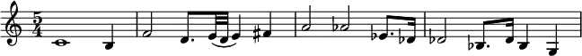 \fixed c' {
\clef treble
\time 5/4
c1 b,4 | f2 d8. e32( d e4) fs | a2 af ef8. df16 | df2 bf,8. df16 bf,4 g,4 |
}