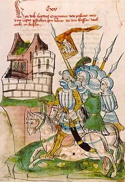 Duke Sigismund Korybut and his troops flying the Lithuanian banner in Prague, 15th century