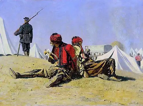 Two Hawks by Vasily Vereshchagin, showing two Bashibazouks held captive by the Romanian and Russian armies.