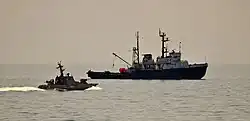 The Ukrainian Navy Project 745 seagoing tug Korets and the Gyurza-M-class gunboat Berdiansk (U175) in the Black Sea in 2016