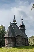 The Church of the Savior in Fominskoye village with wedge roofs and a hipped belfry. Museum in Kostroma.
