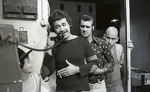 Ze'ev Revach, Yehuda Barkan and Moshe Ish Kasit on the set of the film "Charlie and a Half", 1975