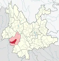 Location of Gengma County (red) and Lincang City (pink) within Yunnan province