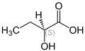 Molecular diagram of 2-hydroxybutyric acid, with the central alcohol carbon labeled "(S)"