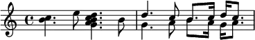  {
    << \clef treble
        \relative c'' {
            \time 4/4
            \stemNeutral <b c>4. e8 <g, a b c d>4. b8
            \stemUp d4. c8 b8. c16 d c8.
        } \\ \relative c'' {
            s1
            g4. a8 b8. a16 g a8.
        }
    >>
}
