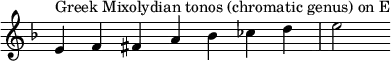  {
\key e \locrian
\override Score.TimeSignature #'stencil = ##f
\relative c' { 
  \clef treble \time 7/4
  e4^\markup { Greek Mixolydian tonos (chromatic genus) on E } f fis a bes ces d e2
} }

