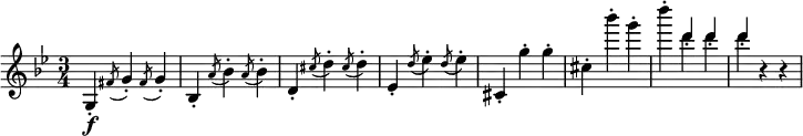 \relative g {
\key g \minor \time 3/4
g4-. \f \acciaccatura fis'8 g4-. \acciaccatura fis8 g4-.
bes,4-. \acciaccatura a'8 bes4-. \acciaccatura a8 bes4-.
d,4-. \acciaccatura cis'8 d4-. \acciaccatura cis8 d4-.
es,4-. \acciaccatura d'8 es4-. \acciaccatura d8 es4-.
cis,4-. g''-. g-. | cis, 4-. bes''-. g-.
d'4-. << \new Voice { \stemUp d, -. d-. d-. } \new Voice { \stemDown d d d } >> r r
}