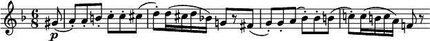  \relative gis' {
\key f \major \time 6/8
\partial 8 gis8( \p | a8-.) a-. b-. c-. c-. cis(
d8-.) d16( cis d bes!) g!8[ r fis](
g8-.) g-. a( bes-.) bes-. b(
c!8-.) c16( b c a) f!8 r
} 