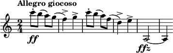 \relative c''' {
\tempo "Allegro giocoso"
\set Score.tempoHideNote = ##t \tempo 4 = 120
\key c \major
\time 2/4
\clef treble
\set Staff.midiInstrument = "string ensemble 1"
\bar ""
c8-.\ff b( a) g(
f4->) g->
c8-. b( a) f(
d4->) e->
a,,2_\markup { \center-align { \dynamic ffz } } ~
a4
}