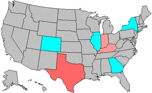 Summary of party change of U.S. House seats in the 2004 House election   1–2 Democratic seat pickup   1–2 Republican seat pickup   3–5 Republican seat pickup