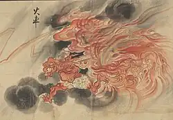 11 Kasha (火車) is a form of Japanese demon (oni) or monster (yōkai) that steals the corpses of those who performed evil acts during their lifetime.[34] Kasha are often depicted as a feline demon, but this scroll depicts the kasha as a demon pulling a cart wreathed in flame. Kasha literally means "burning cart" or "fiery chariot". Kasha were depicted as a fiery chariot which took the dead away to hell, and were depicted as such in Buddhist paintings, such as rokudō-e.[35] Kasha appeared in other Buddhist paintings of the era, notably jigoku-zōshi (Buddhist 'hellscapes', paintings depicting the horrors of hell), where they were depicted as flaming carts pulled by demons.[36] Tales of the kasha were used by the Buddhist preachers to persuade believers to avoid sin.[35]