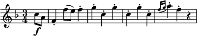 \relative c'' {
\key f \major \time 3/4
\partial 4 c8 \f a
f4-. f'8( e) f4-.
g4-. c,-. g'-.
c,4-. g'-. c,-.
\grace { f16( g } a4-.) f-. r
}