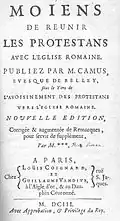 1703 - Frontispiece of the book Moiens de réunir les Protestants avec l'Église romaine, by Camus bishop of Belley and Richard Simon, Paris, 1703, Guillaume Vandive and Louis Coignard&nbsp;[fr].