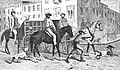 Man lassooing a stray dog to be put into the dog catcher's horse-drawn vehicle