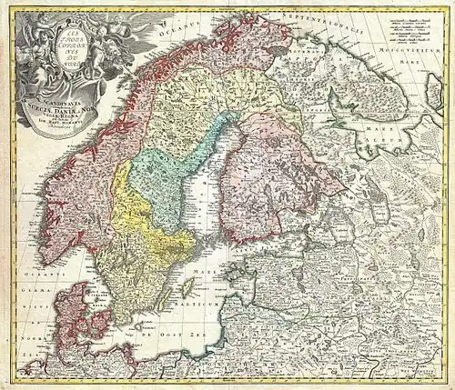 Homann Map of Scandinavia, Norway, Sweden, Denmark, Finland and the Baltics, dated around 1730.
