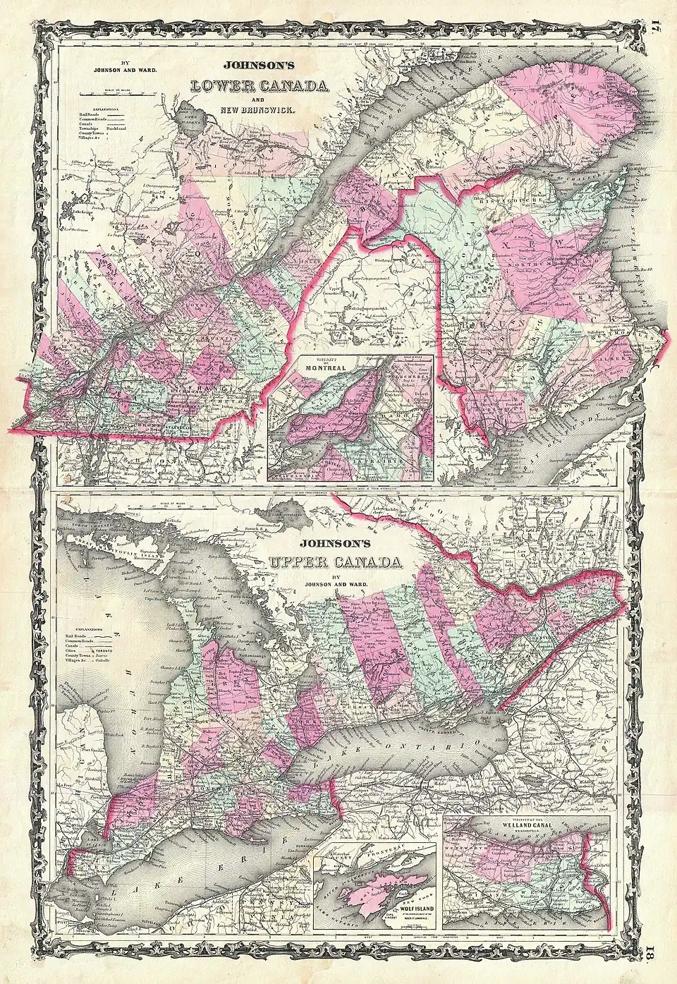 1862 Johnson Map of Ontario, showing full extent of Peterborough County at that time in pink.