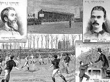 Montage of drawings of scenes from the 1883 FA Cup final