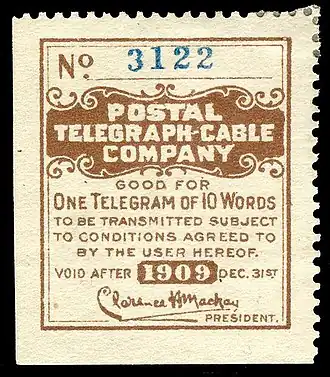 Postal Telegraph Cable Company stamp, 1909.
