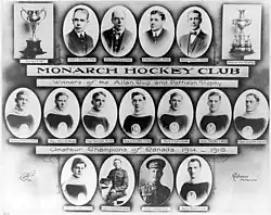 Collage of black and white images of hockey players, team executive personnel and ice hockey trophies