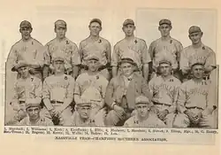 Members of the 1916 Nashville Volunteers sitting on bleachers.