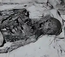 Remains of Cixi's corpse, photographed by the post-1928 looting investigations. It's rapid deterioration was the result of almost a month of exposure, exacerbated by damage from mishandling by the looters.
