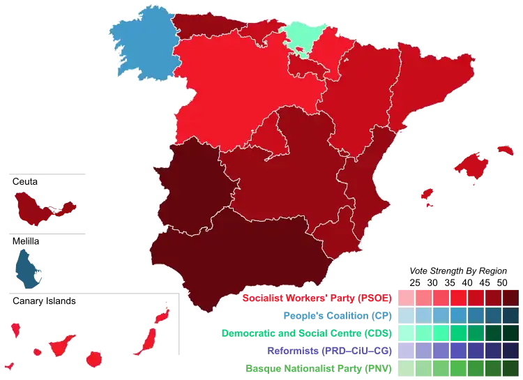 Map of Spain showcasing winning party's strength by autonomous community