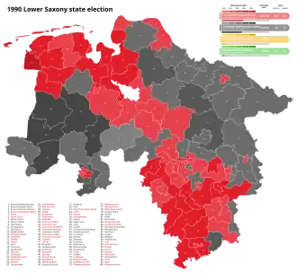 1990 Lower Saxony state election, Red is SPD, Black is CDU
