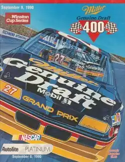 The 1990 Miller Genuine Draft 400 program cover, featuring Rusty Wallace. Artwork by NASCAR artist Sam Bass.