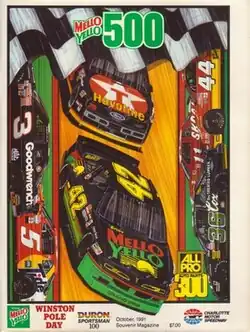 The 1991 Mello Yello 500 program cover, featuring Kyle Petty. Artwork by NASCAR artist Sam Bass.