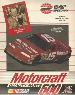 The 1991 Motorcraft Quality Parts 500 program cover, featuring Morgan Shepherd.
