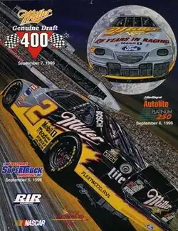 The 1996 Miller 400 program cover, featuring Rusty Wallace. Artwork by NASCAR artist Sam Bass.