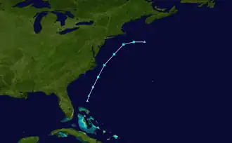 A map plotting the path and intensity of a subtropical storm off the United States East Coast
