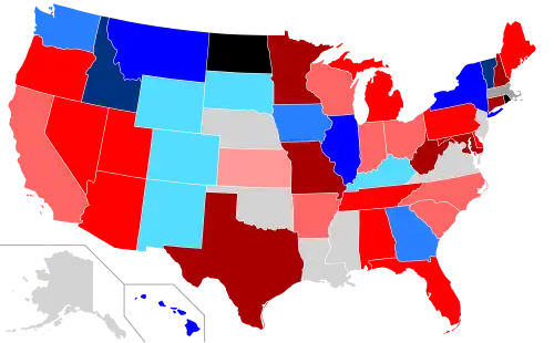 Net changes to lower house seats after the 2002 elections &nbsp;&nbsp;&nbsp;&nbsp;&nbsp;+1 Rep seat &nbsp;&nbsp;&nbsp;&nbsp;&nbsp;+2 Rep seats &nbsp;&nbsp;&nbsp;&nbsp;&nbsp;+3–5 Rep seats &nbsp;&nbsp;&nbsp;&nbsp;&nbsp;+6–22 Rep seats &nbsp;&nbsp;&nbsp;&nbsp;&nbsp;+1 Dem seat &nbsp;&nbsp;&nbsp;&nbsp;&nbsp;+2 Dem seats &nbsp;&nbsp;&nbsp;&nbsp;&nbsp;+4–5 Dem seats &nbsp;&nbsp;&nbsp;&nbsp;&nbsp;+7 Dem seats &nbsp;&nbsp;&nbsp;&nbsp;&nbsp;+1 Ind seat &nbsp;&nbsp;&nbsp;&nbsp;&nbsp;Chamber decreased in size