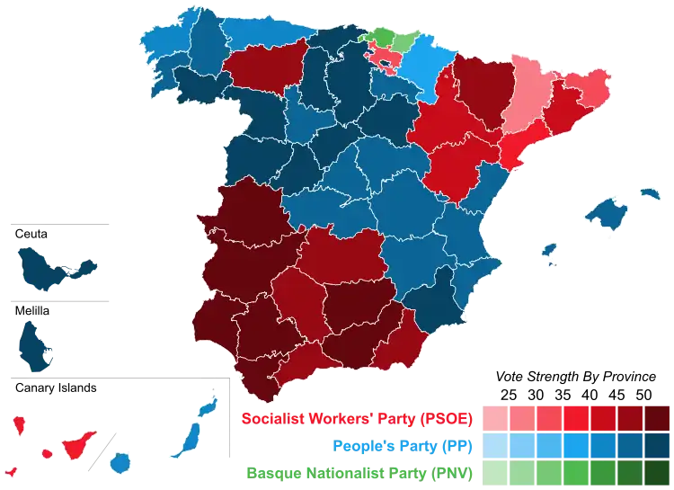 Map of Spain showcasing winning party's strength by constituency
