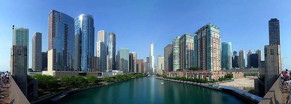 The Chicago River is the south border of the Near North Side and the north border of the Loop, which is pictured here; the Loop's Near East Side is to the left in this picture.