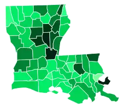 Support for Duke by parish: &nbsp;&nbsp;>8% &nbsp;&nbsp;7–8% &nbsp;&nbsp;6–7% &nbsp;&nbsp;5–6% &nbsp;&nbsp;4–5% &nbsp;&nbsp;3–4% &nbsp;&nbsp;2–3% &nbsp;&nbsp;1–2% &nbsp;&nbsp;<1%