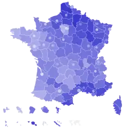 Support for Le Pen by department and major city