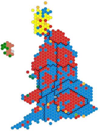 Election results plotted on a map showing equal-size constituencies, showing winning party in each.